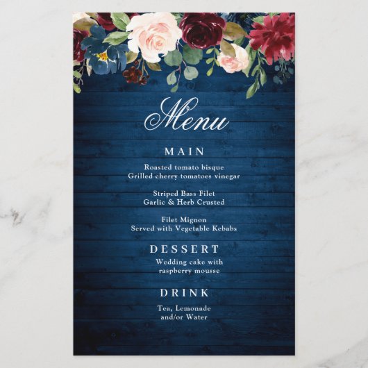 Burgundy Navy Blue Blush Floral Wedding Menu (Voorkant)