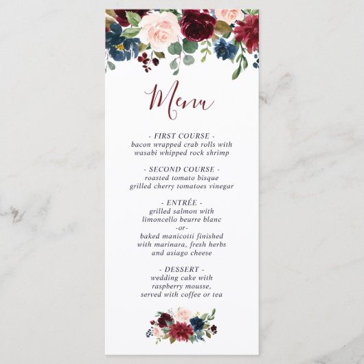 Burgundy Navy Blue Blush Floral Wedding Menu (Voorkant)