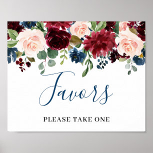 Burgundy Navy Blue Blush Flowers Favors Wedding Poster