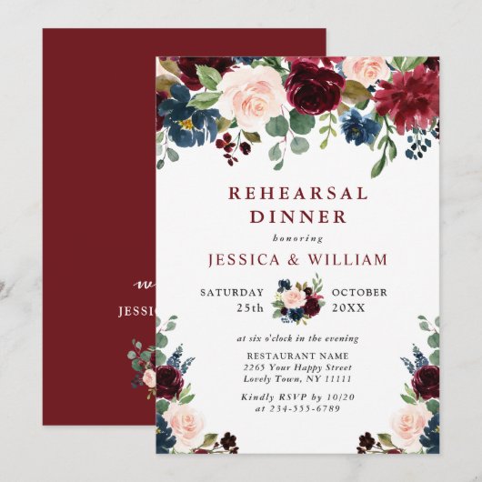 Burgundy Navy Blue Blush Flowers REHEARSAL DINNER Kaart (Voorkant / Achterkant)