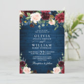 Burgundy Navy Blue Blush Rustic Floral Wedding Kaart (Staand voorkant)