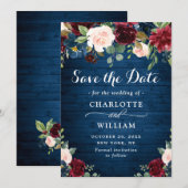 Burgundy Navy Blue Blush Rustic Floral Wedding Save The Date (Voorkant / Achterkant)