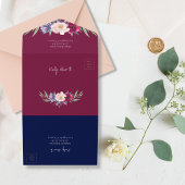 Burgundy Navy Blue Floral Gold Geometric Wedding All In One Uitnodiging
