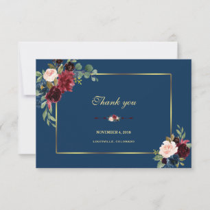 Burgundy Navy Blue Floral Golden Lijst Weddenschap Bedankkaart