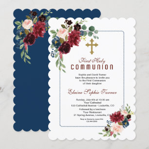 Burgundy Navy Blue Floral Lijst Heilige Communie Kaart