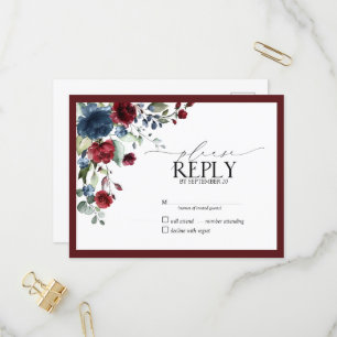 Burgundy Navy Blue Floral Waterverf Script RSVP Uitnodiging Briefkaart