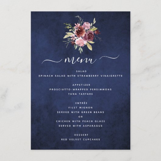 Burgundy Navy Blue Geometric Floral Wedding Menu (Voorkant)