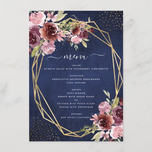 Burgundy Navy Blue Geometric Floral Wedding Menu (Voorkant)
