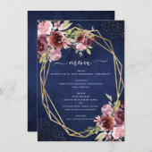 Burgundy Navy Blue Geometric Floral Wedding Menu (Voorkant / Achterkant)