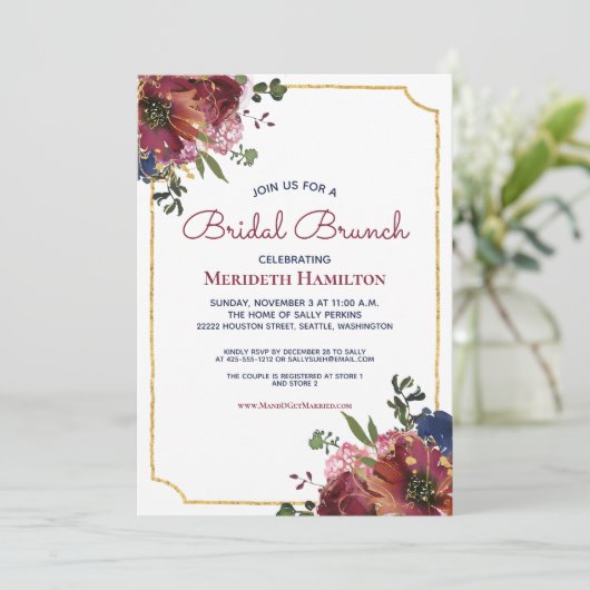 Burgundy Navy Blue Gold Floral Vrijgezellenfeest Kaart (Staand voorkant)