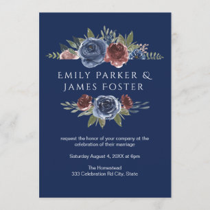 Burgundy Navy Blue Marsala Floral Rustic Wedding Kaart