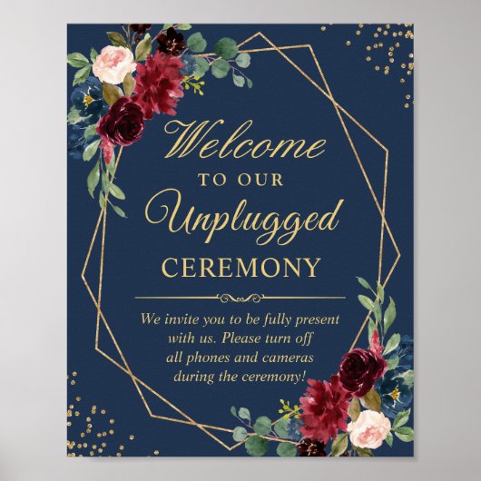 Burgundy Navy Blue Unplugged Wedding Ceremony Sign Poster (Voorkant)