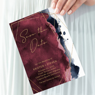 Burgundy & Navy Blue Waterverf bespaart datum Kaart