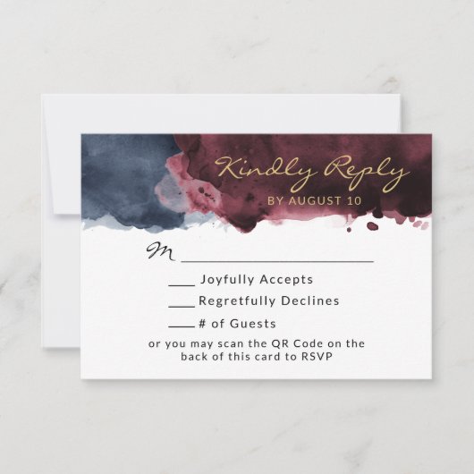 Burgundy & Navy Blue Waterverf QR-code RSVP (Voorkant)