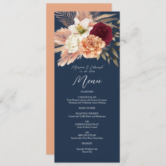 Burgundy Navy Blue Wedding Menu (Voorkant / Achterkant)