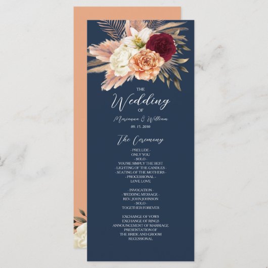 Burgundy Navy Blue Wedding Programma (Voorkant / Achterkant)