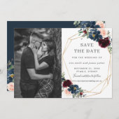 Burgundy Navy Blush Bloem Foto Save the Date Kaart (Voorkant / Achterkant)
