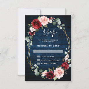 Burgundy Navy Blush Bloemrijke Geometrische Trouw RSVP Kaartje