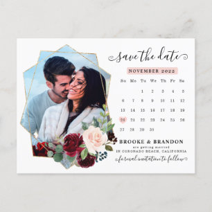 Burgundy Navy Blush Floral Calendar Save the Date Briefkaart