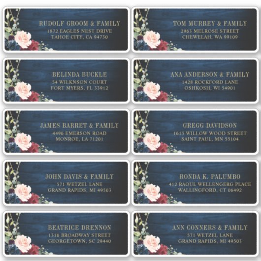 Burgundy Navy Blush Floral Étiquette de adresse gé (Devant)