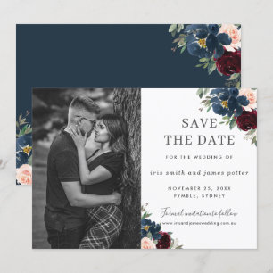 Burgundy Navy Blush Floral Foto Save the Date Kaart