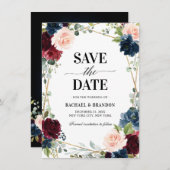 Burgundy Navy Blush Floral Geometric slaat de datu (Voorkant / Achterkant)