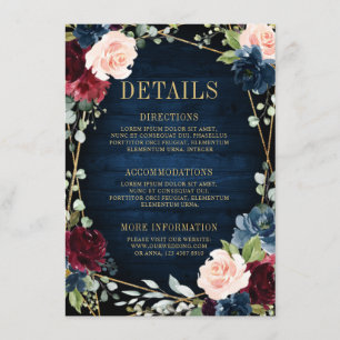 Burgundy Navy Blush Floral Geometric Wedding Informatiekaartje