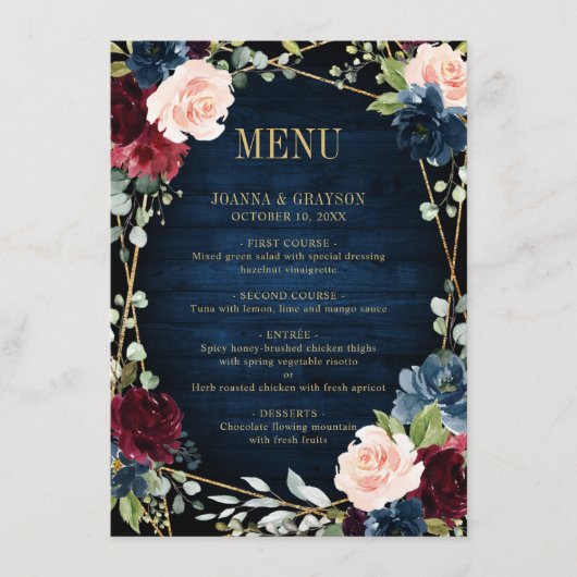 Burgundy Navy Blush Floral Geometric Wedding Menu (Voorkant)
