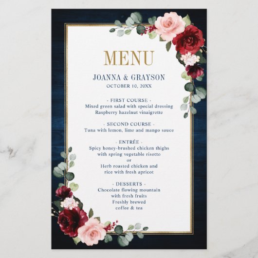 Burgundy Navy Blush Floral Geometric Wedding Menu (Voorkant)
