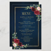 Burgundy Navy Blush Floral Geometric Wedding Menu (Voorkant / Achterkant)