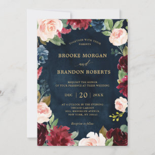 Burgundy Navy Blush Floral Gold Botanical Weddensc Kaart
