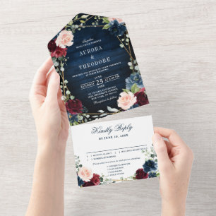 Burgundy Navy Blush Floral Gold Geometric Wedding All In One Uitnodiging