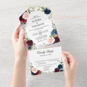 Burgundy Navy Blush Floral Gold Geometric Wedding All In One Uitnodiging