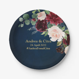 Burgundy Navy Blush Floral Gold Geometric Wedding Papieren Bordje