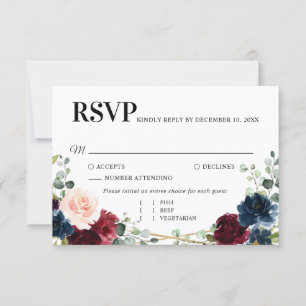 Burgundy Navy Blush Floral Gold Geometric Wedding RSVP Kaartje