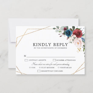 Burgundy Navy Blush Floral Gold Geometric Wedding RSVP Kaartje