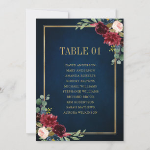 Burgundy Navy Blush Floral Gold Seating Chart Card Kaart