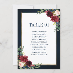 Burgundy Navy Blush Floral Gold Seating Chart Card Kaart