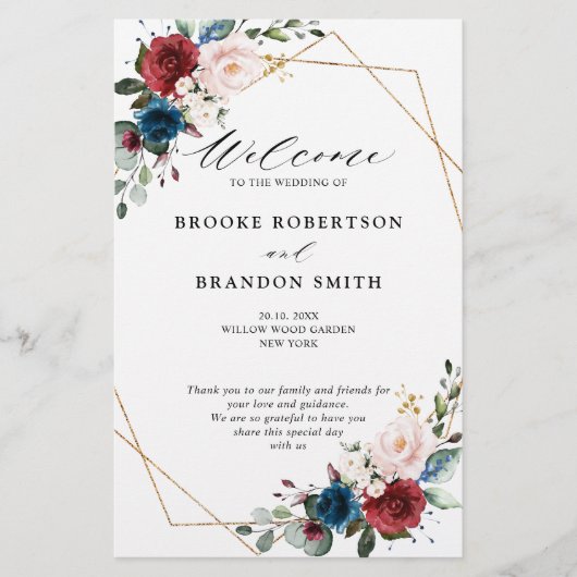 Burgundy Navy Blush Floral Gold Wedding Programme (Devant)