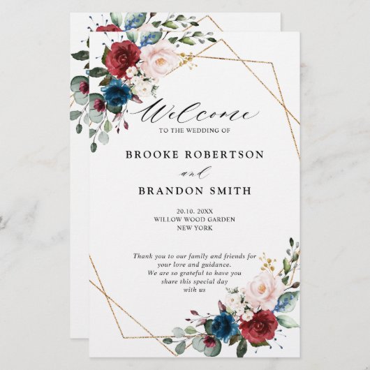 Burgundy Navy Blush Floral Gold Wedding Programme (Devant / Derrière)