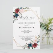 Burgundy Navy Blush Floral Gold Wedding Programme (Debout devant)