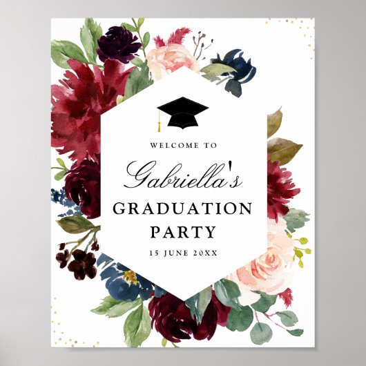 Burgundy navy & blush floral graduparty sign poster (Voorkant)