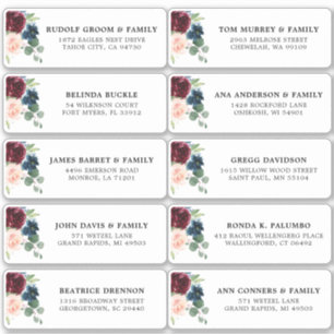 Burgundy Navy Blush Floral Wedding Guest Adres Sticker