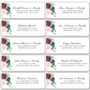 Burgundy Navy Blush Floral Wedding Guest Adres Sticker