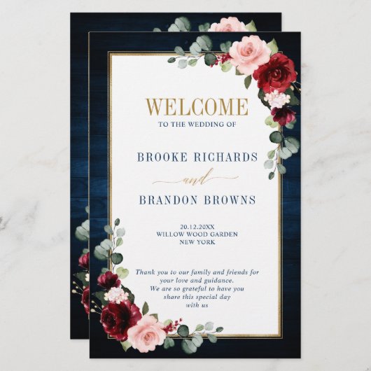 Burgundy Navy Blush Geometric Wedding Program (Voorkant / Achterkant)