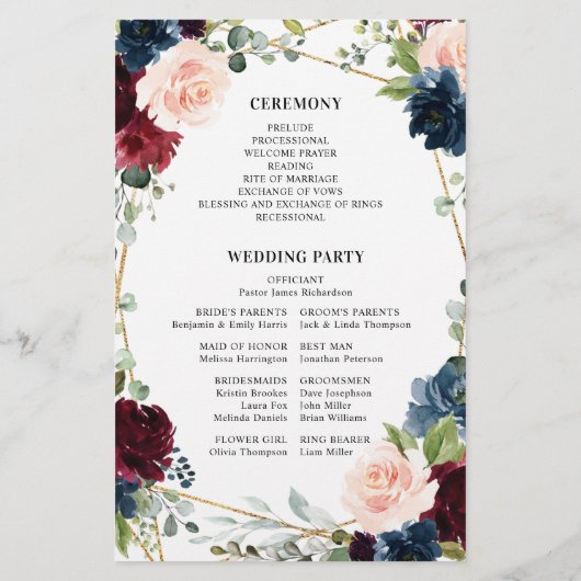 Burgundy Navy Blush Geometric Wedding Program (Achterkant)