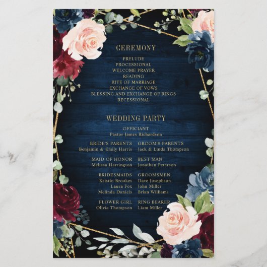 Burgundy Navy Blush Geometric Wedding Program (Achterkant)
