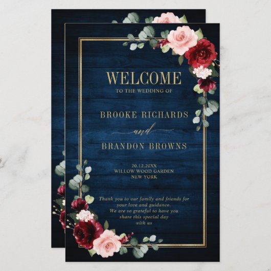 Burgundy Navy Blush Geometric Wedding Program (Voorkant / Achterkant)