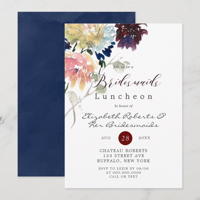 Burgundy Navy Blush Peony Bridesmaids Luncheon (Voorkant / Achterkant)