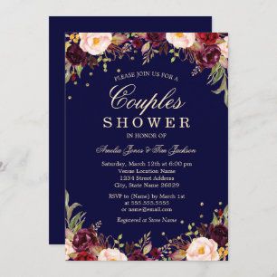 Burgundy Navy Elegant Floral Couples Shower Kaart